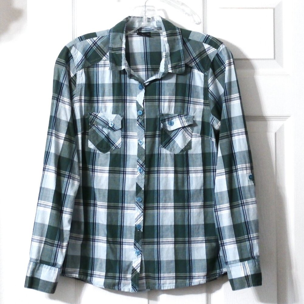 FADED GLORY Women's M (8-10) Green Plaid Long Sleeve Button Down Blouse